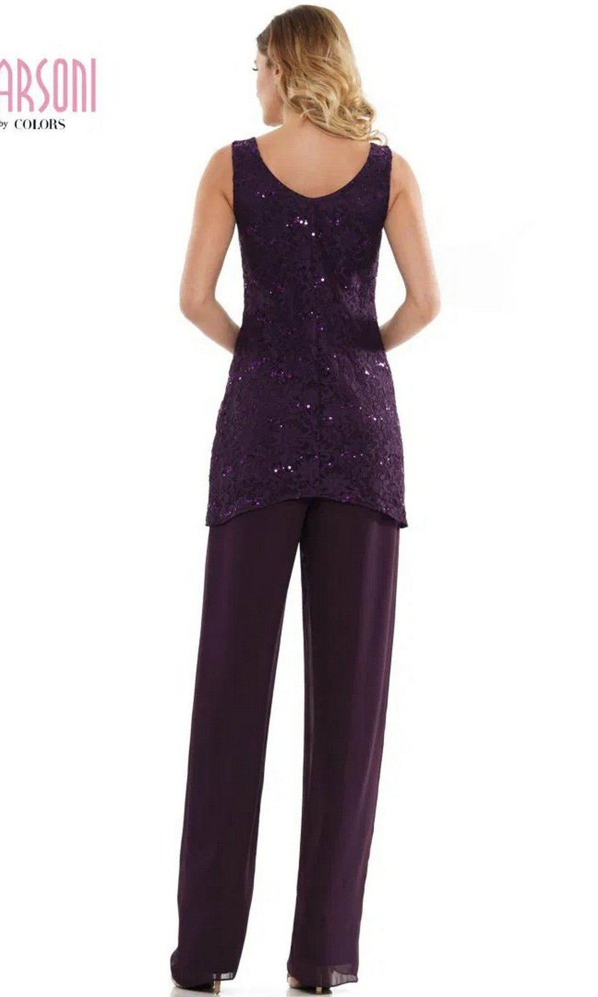 A woman is seen from behind in the Marsoni M303 Long Formal Pantsuit—a sleeveless, purple sequin lace top paired with matching wide-leg pants for a chic and elegant look.